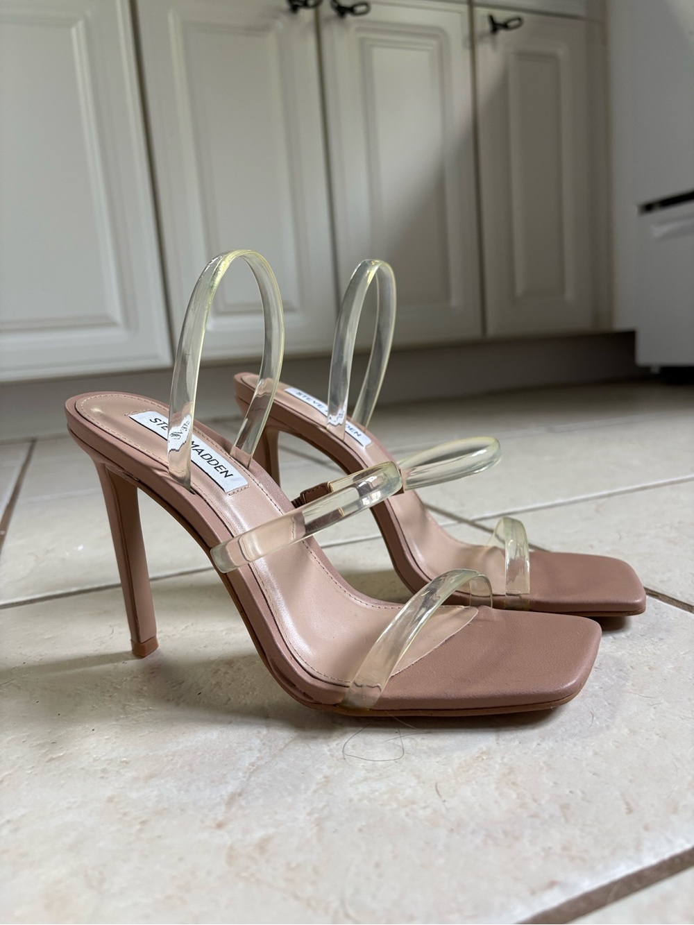 Steve Madden Nude Clear Strap Stiletto Heels Women’s Size 7 Square Toe